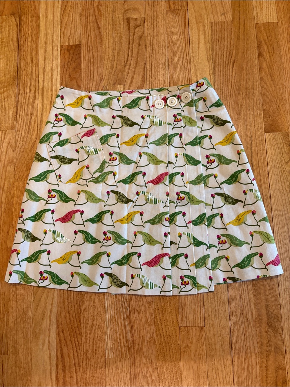 Anthropologie White Mini Skirt with Multicolor Bird and Leaf Print